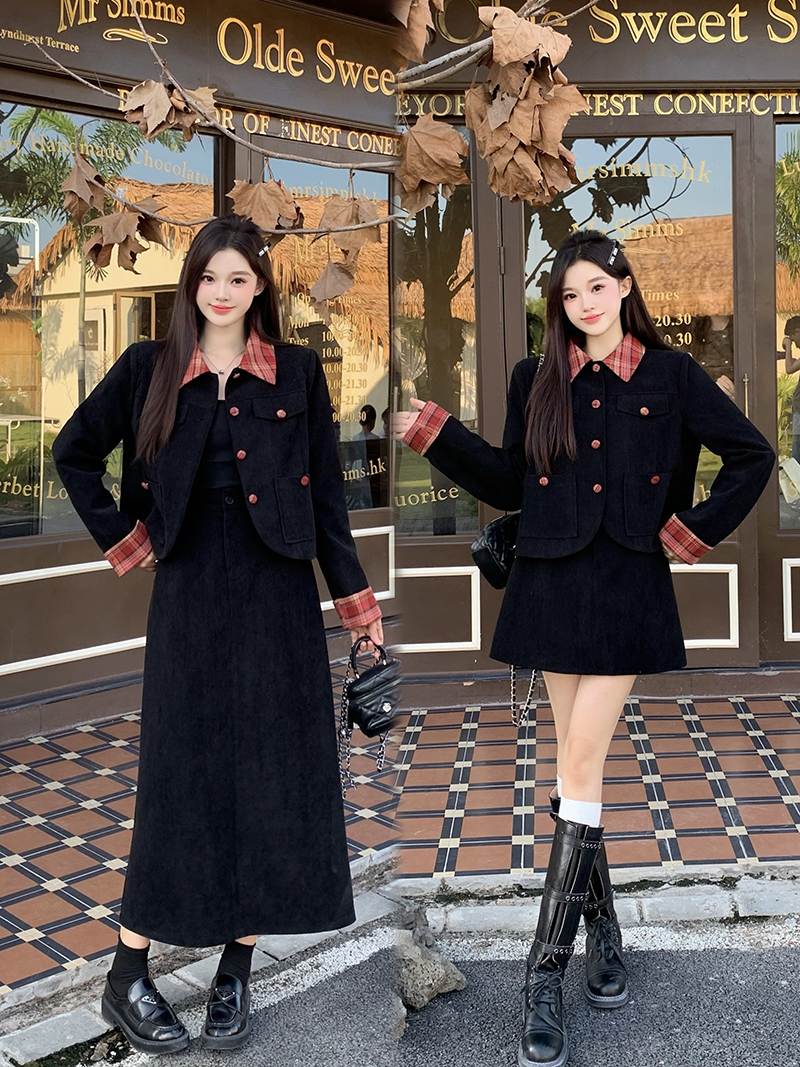 大码女拼接格纹长袖外套长短半身裙套装23203外套+23228短+23229