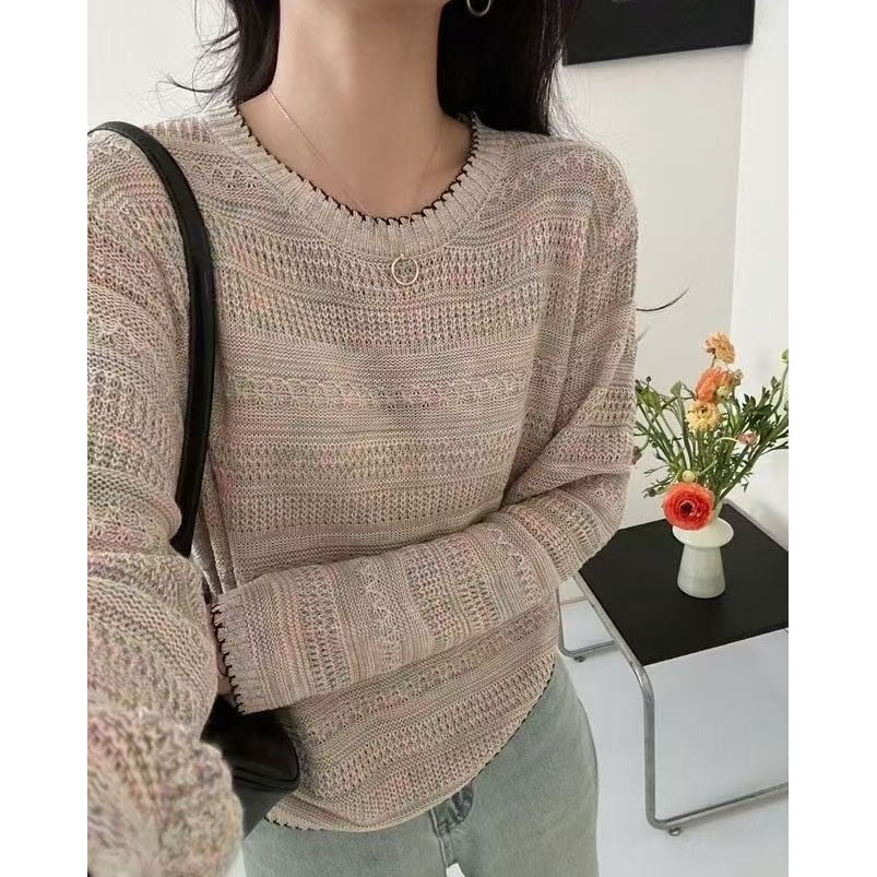 星空纱圆领长袖针织衫2025春季新款女装宽松显瘦上衣