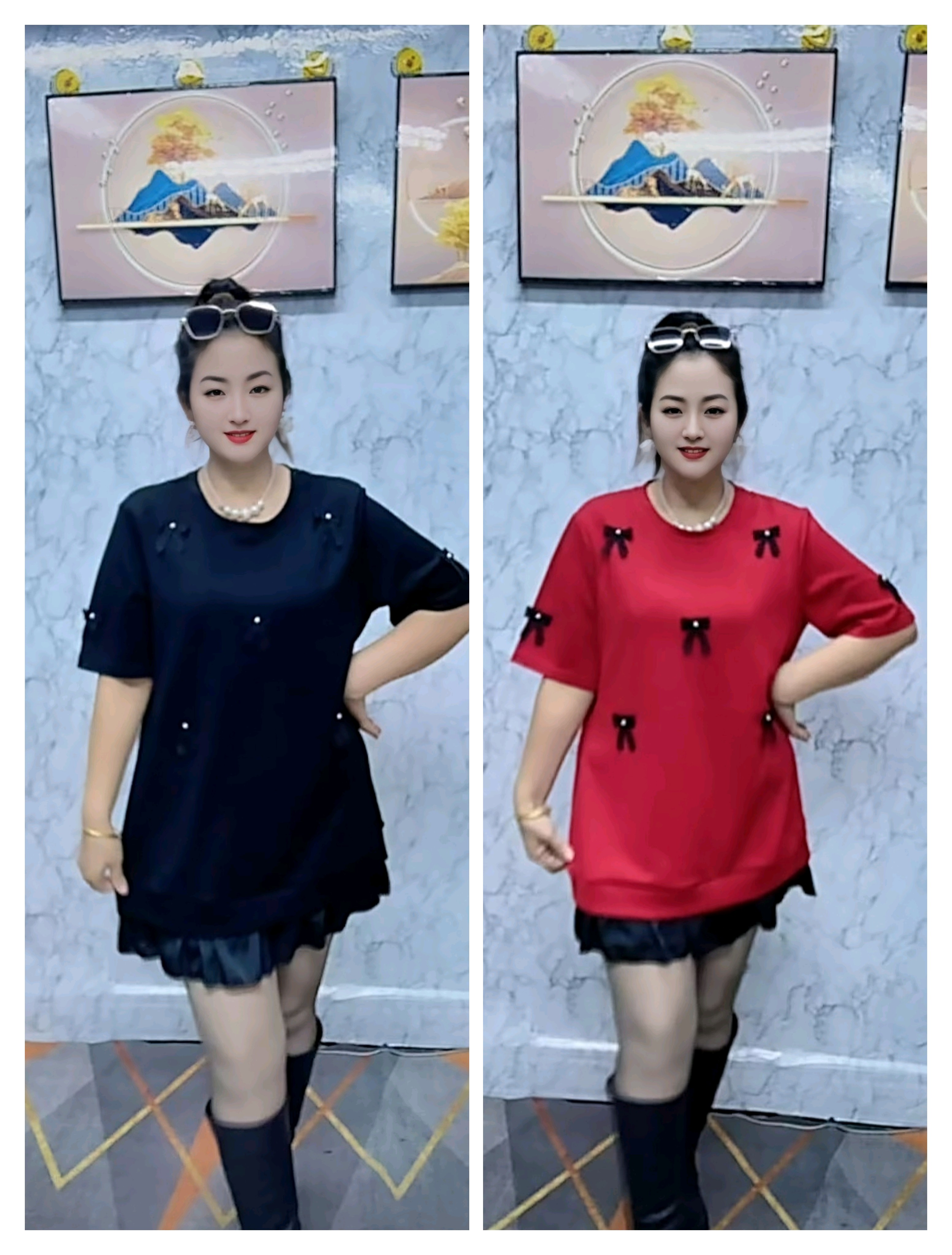 蝴蝶结拼接撞色荷叶边大码女装甜美宽松遮肉百搭短袖T恤上衣