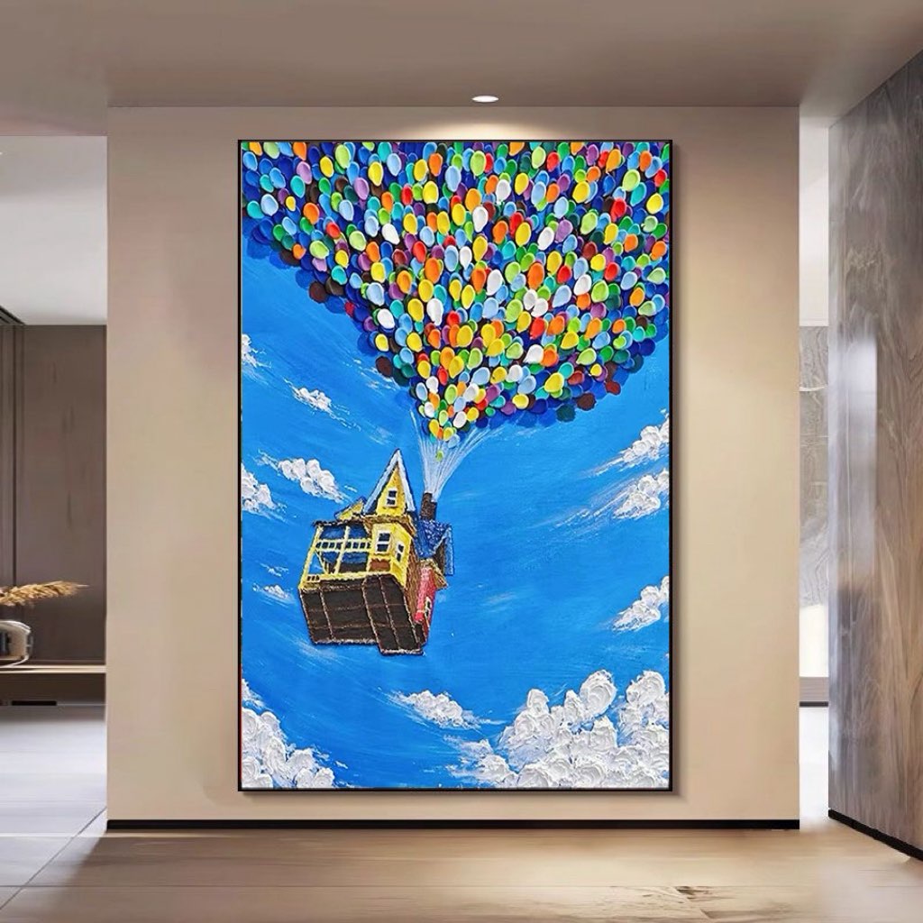 YA52飞屋环游记多巴胺厚肌理客厅装饰画小众玄关彩色气球挂画