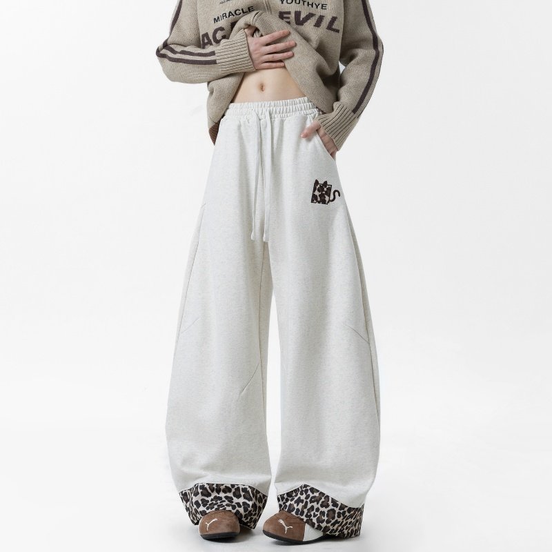 秋季重磅美式趣味刺绣豹纹拼接百搭休闲裤