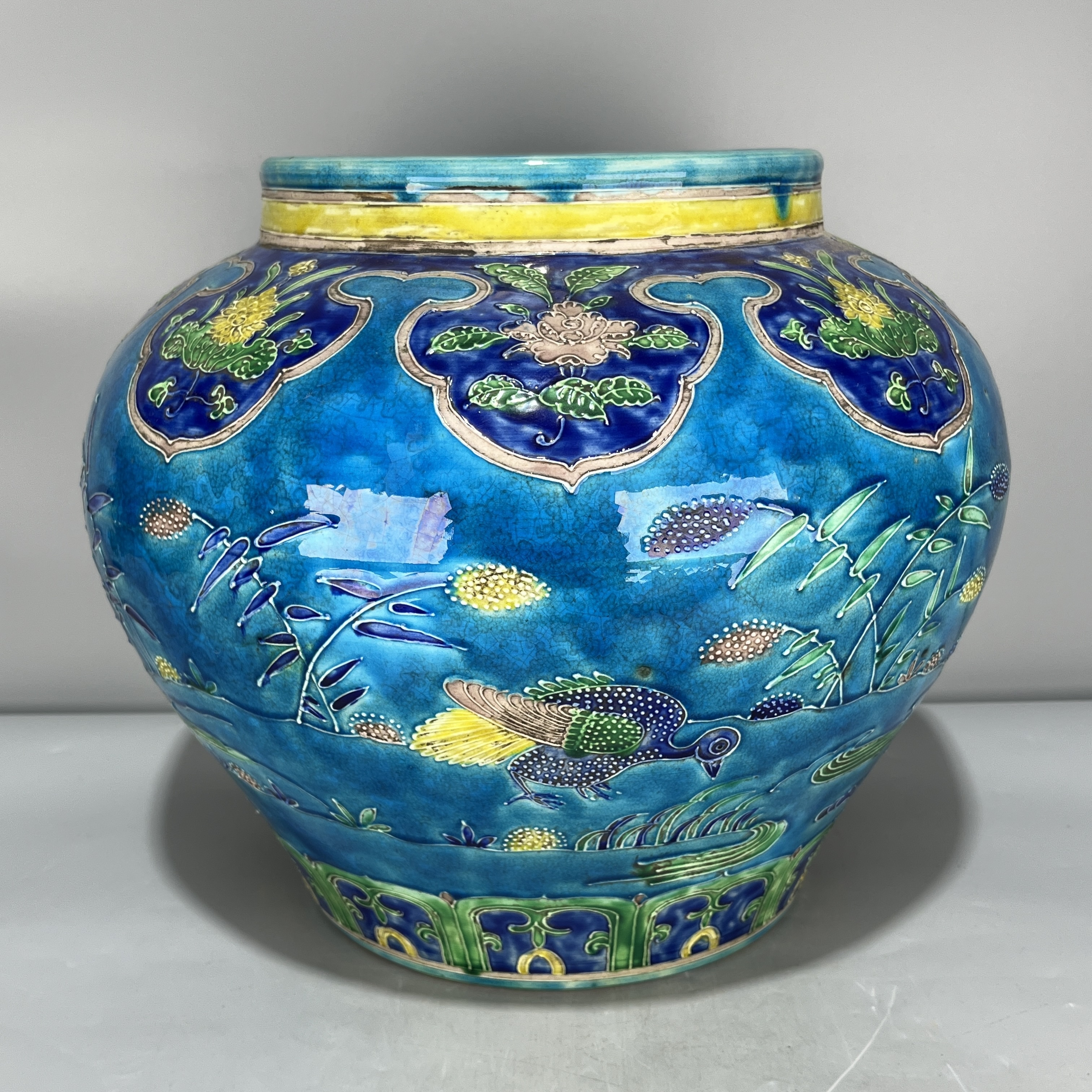 当代仿制 仿古永乐年制珐华彩花鸟纹陶瓷罐