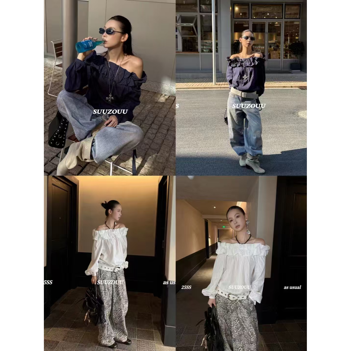 馒头 福（1mtc398#）一字肩-木耳边长袖抽褶长袖T恤12-28