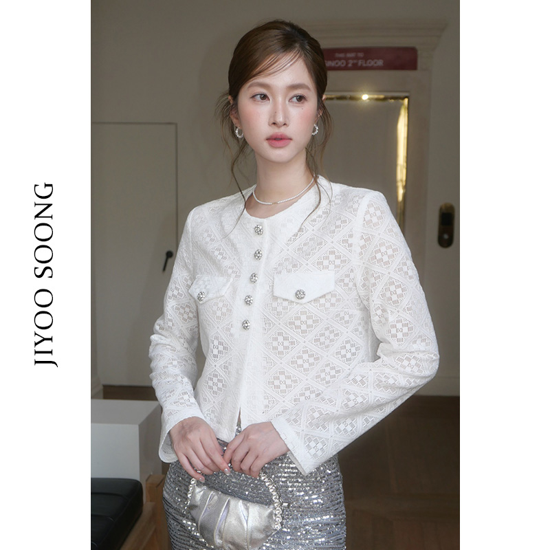 JIYOOSOONG|锆石钻扣水溶蕾丝镂空纹理编织小香风外套秋装