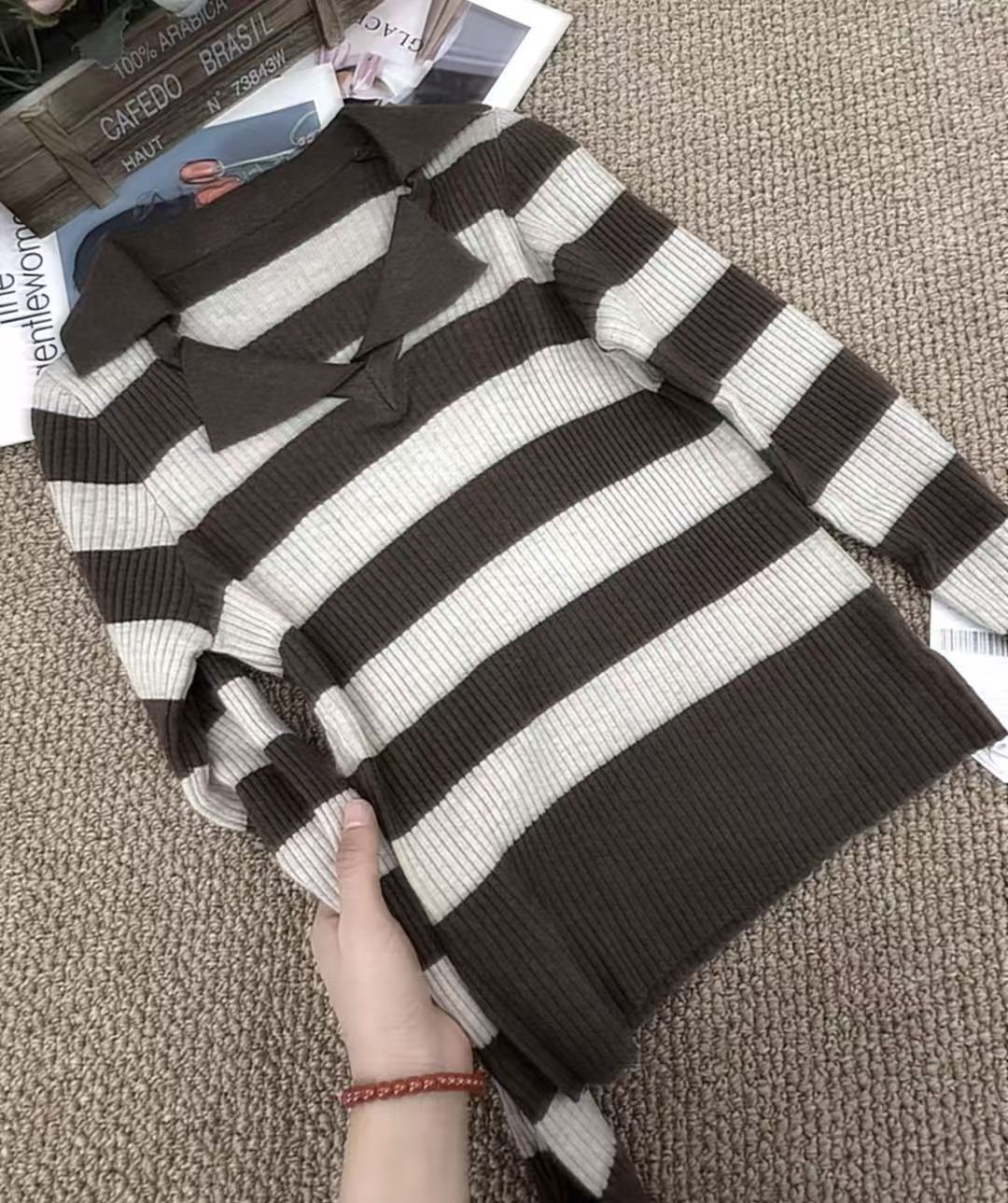 【咖米条纹】翻领设计感条纹针织打底衫