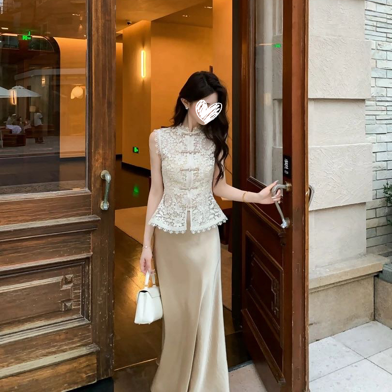 【阳春白雪】蕾丝镂空刺绣上衣高级感缎面半裙套装