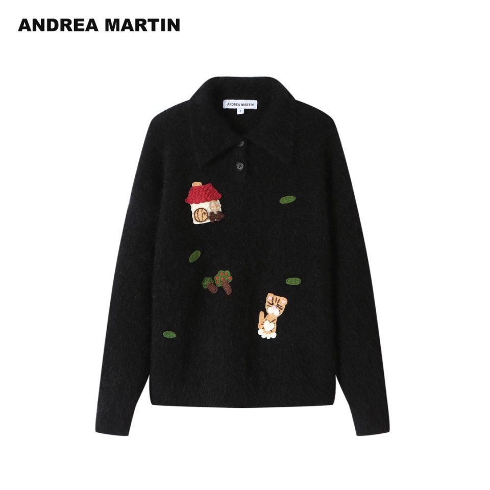 Andrea Martin25秋冬新款卡通刺绣翻领针织衫女宽松百搭休息毛衣