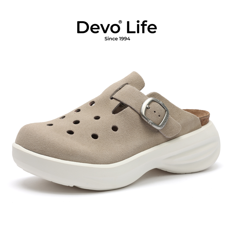 Devo/的沃勃肯鞋女款软木鞋反绒包头厚底坡跟时尚潮流洞洞鞋22012