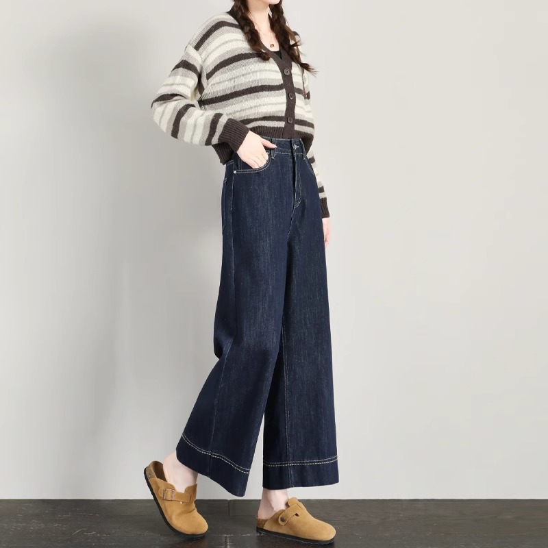 丹宁蓝阔腿牛仔女2025秋季新款高腰显瘦宽松九分直筒裤8923