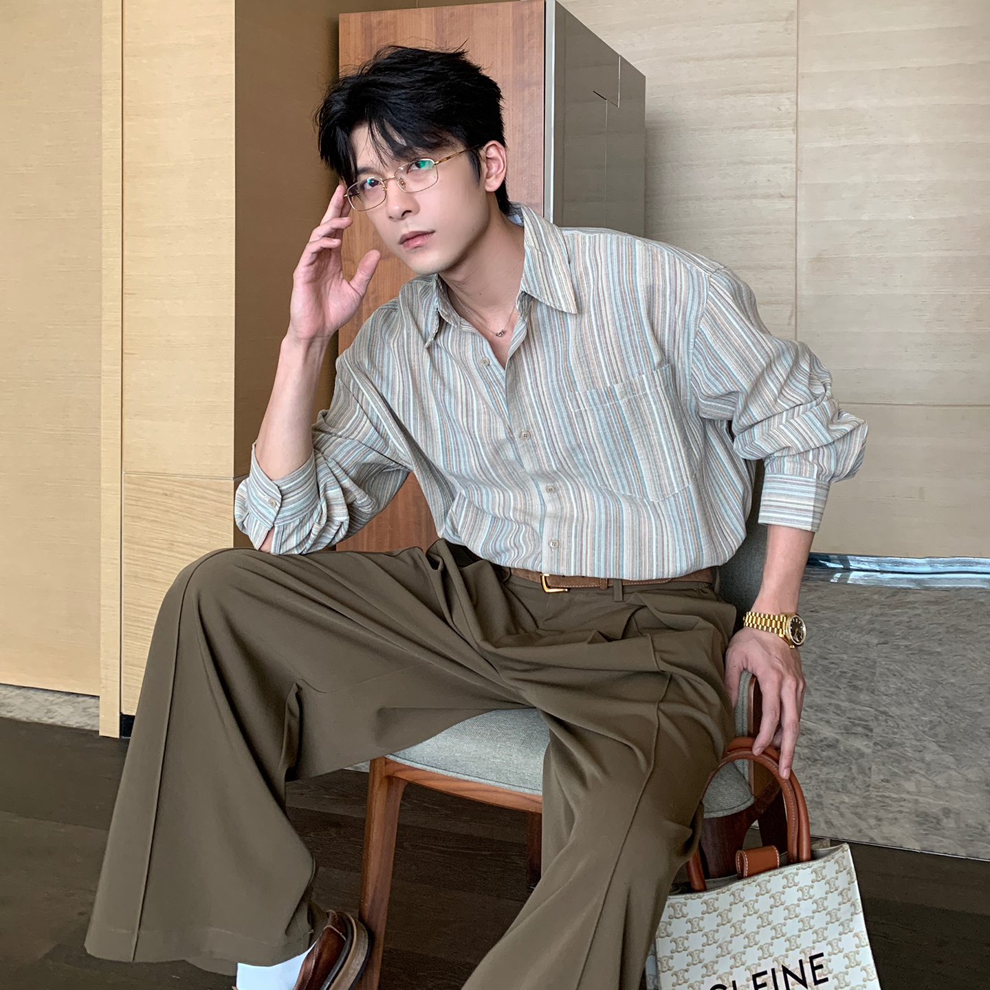 一轩轩轩【纱幔摇曳】春秋设计感超好看长袖翻领拼色条纹衬衫FS0020