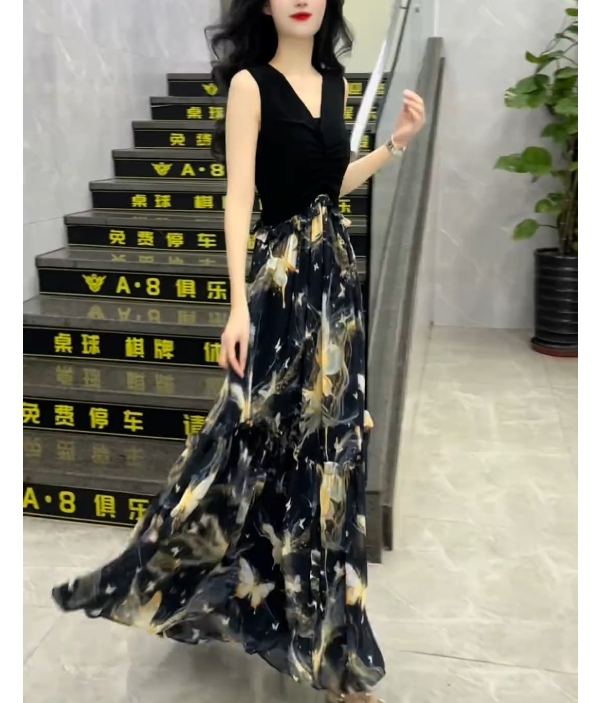 时尚气质显瘦高腰拼接印花无袖大摆长裙连衣裙CY52941