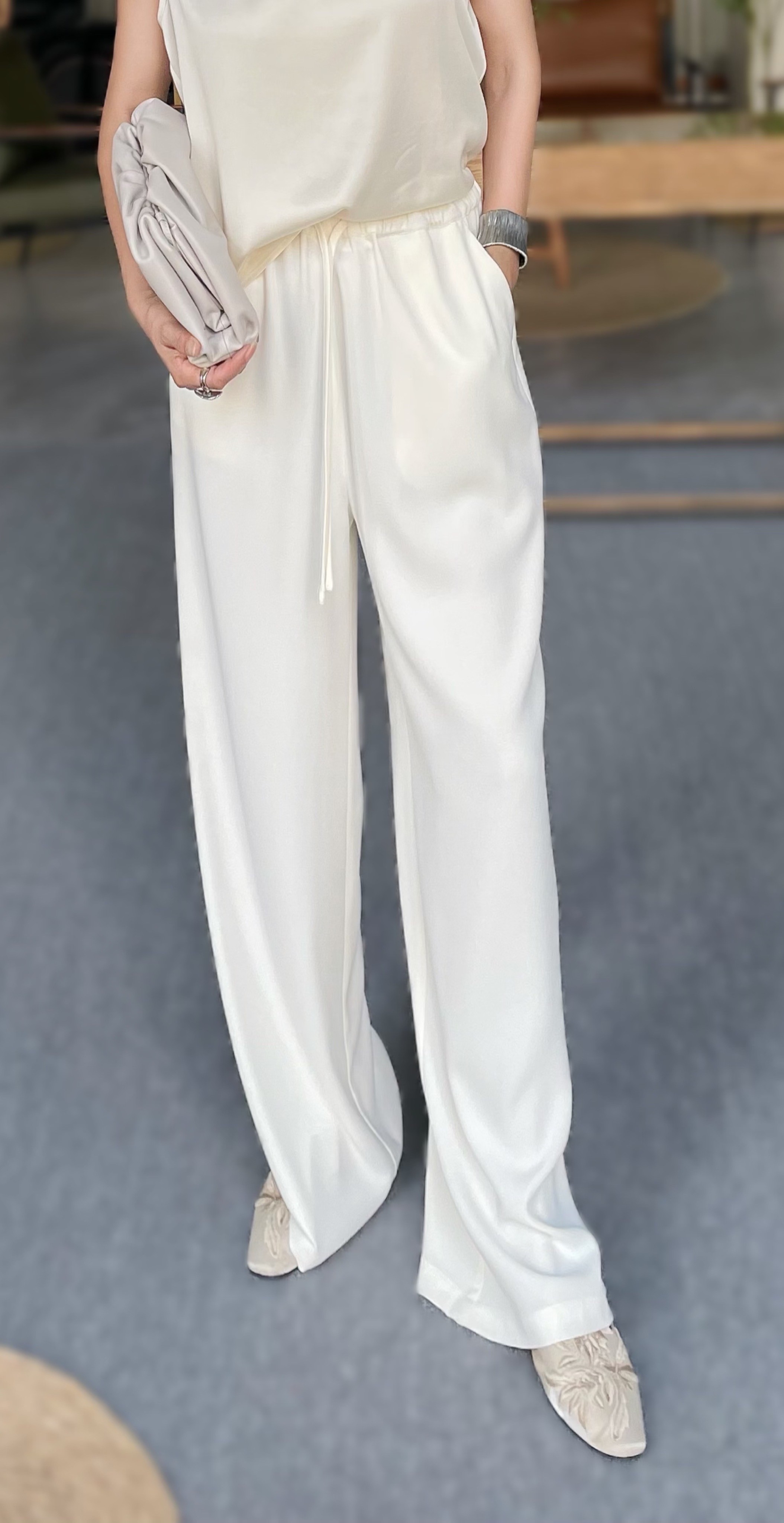 PAJANI/帕佳妮醋酸阔腿裤极简风轻职风宽松裤舒适高腰直筒白色