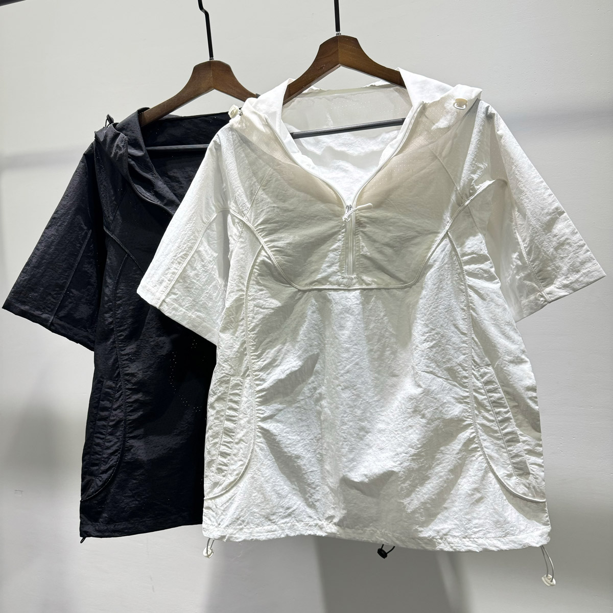 夏季时尚镂空透气半拉链连帽套头衫男士户外休闲百搭体恤上衣服