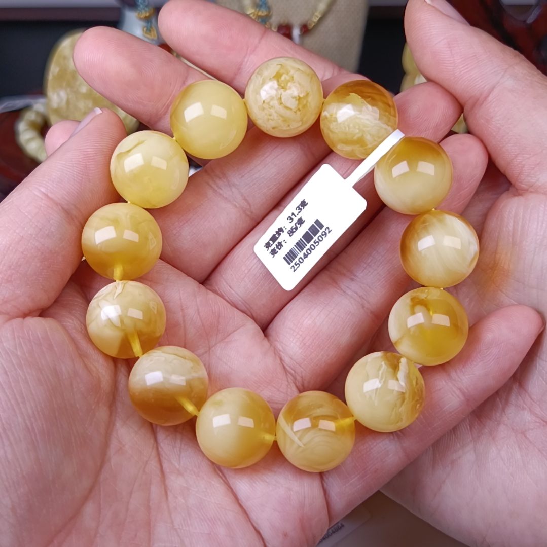 蜜蜡未镶嵌手链16圆珠金白溶洞聚宝盆