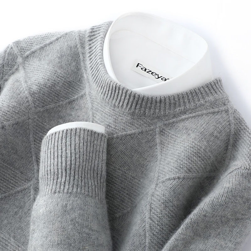 贵族风！100纯羊绒衫男圆领打底衫商务休闲时尚菱形绞花毛衣针织衫