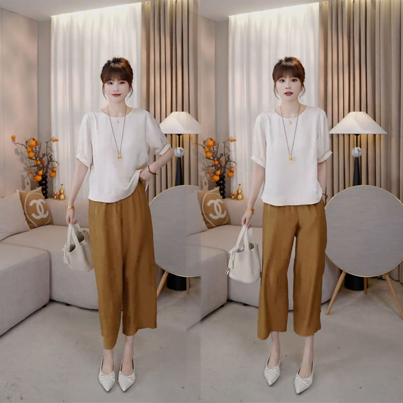 时尚复古夏装一整套百搭减龄宽松纯色短袖上衣休闲九分裤两件套装