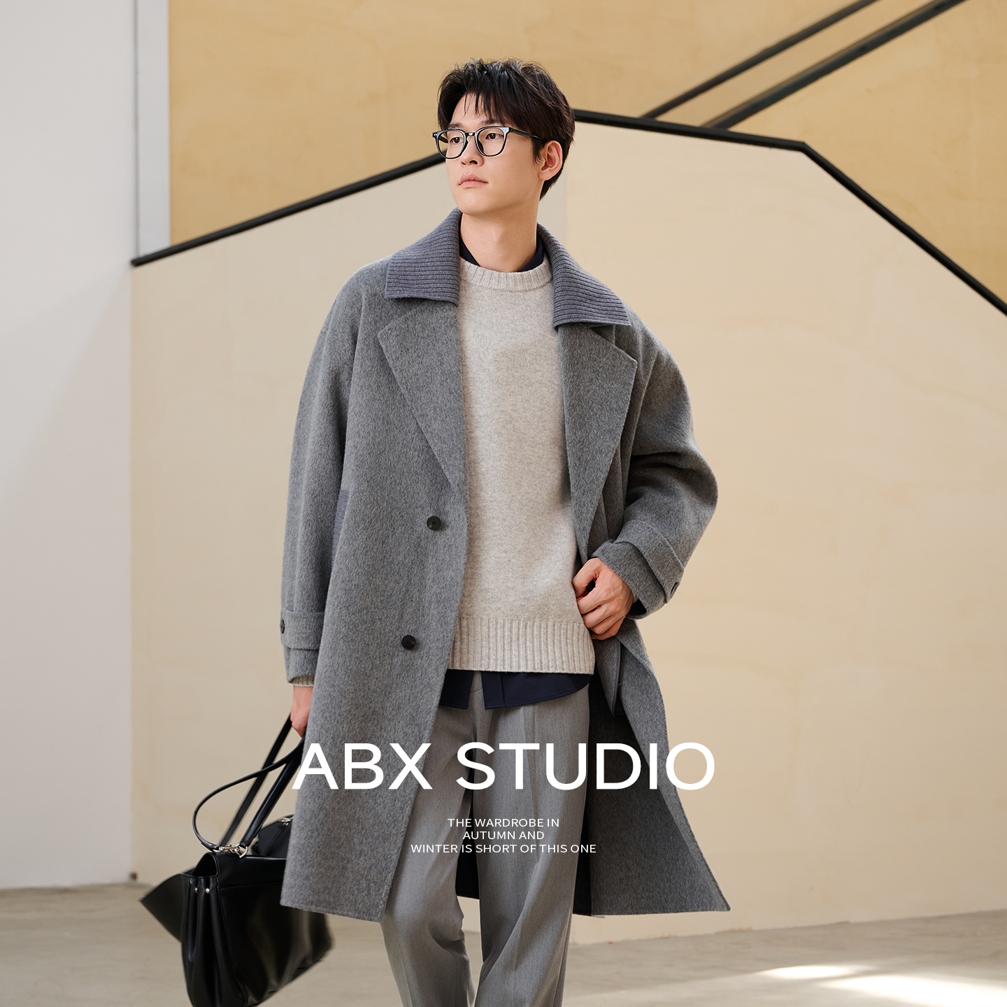 abx 绵羊毛混纺双面呢 可拆卸针织西装领 秋冬季中长款大衣男外套
