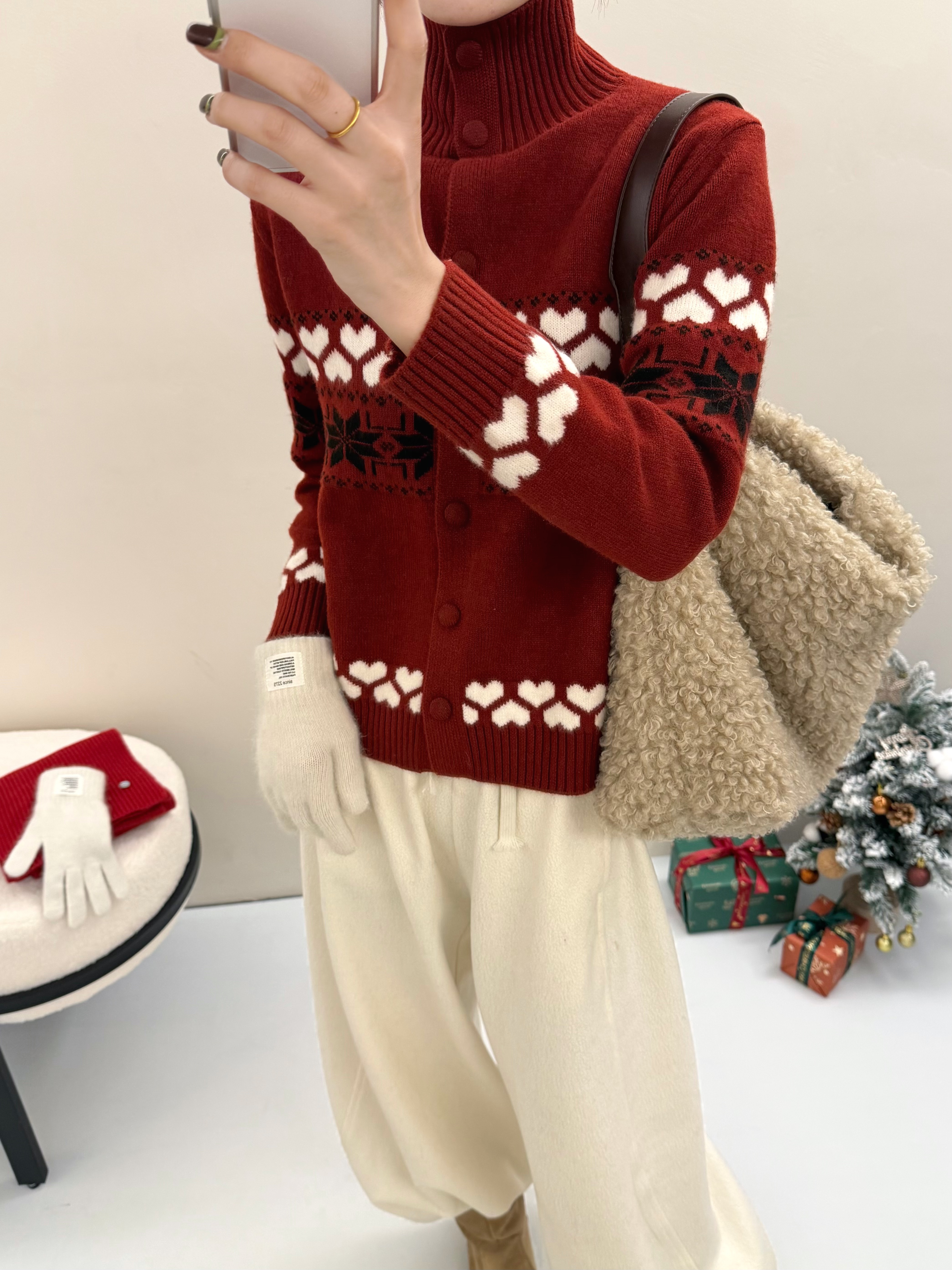 秋冬女新款提花工艺圣诞款针织开衫毛衣6262