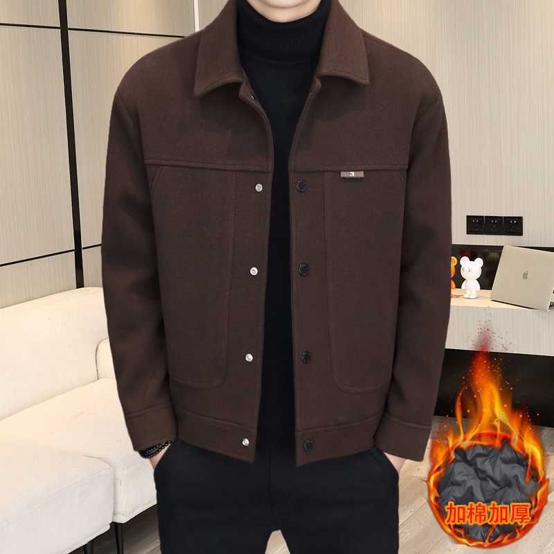 冬季加棉加厚翻领夹克青年帅气百搭通勤休闲简约保暖上衣呢子外套