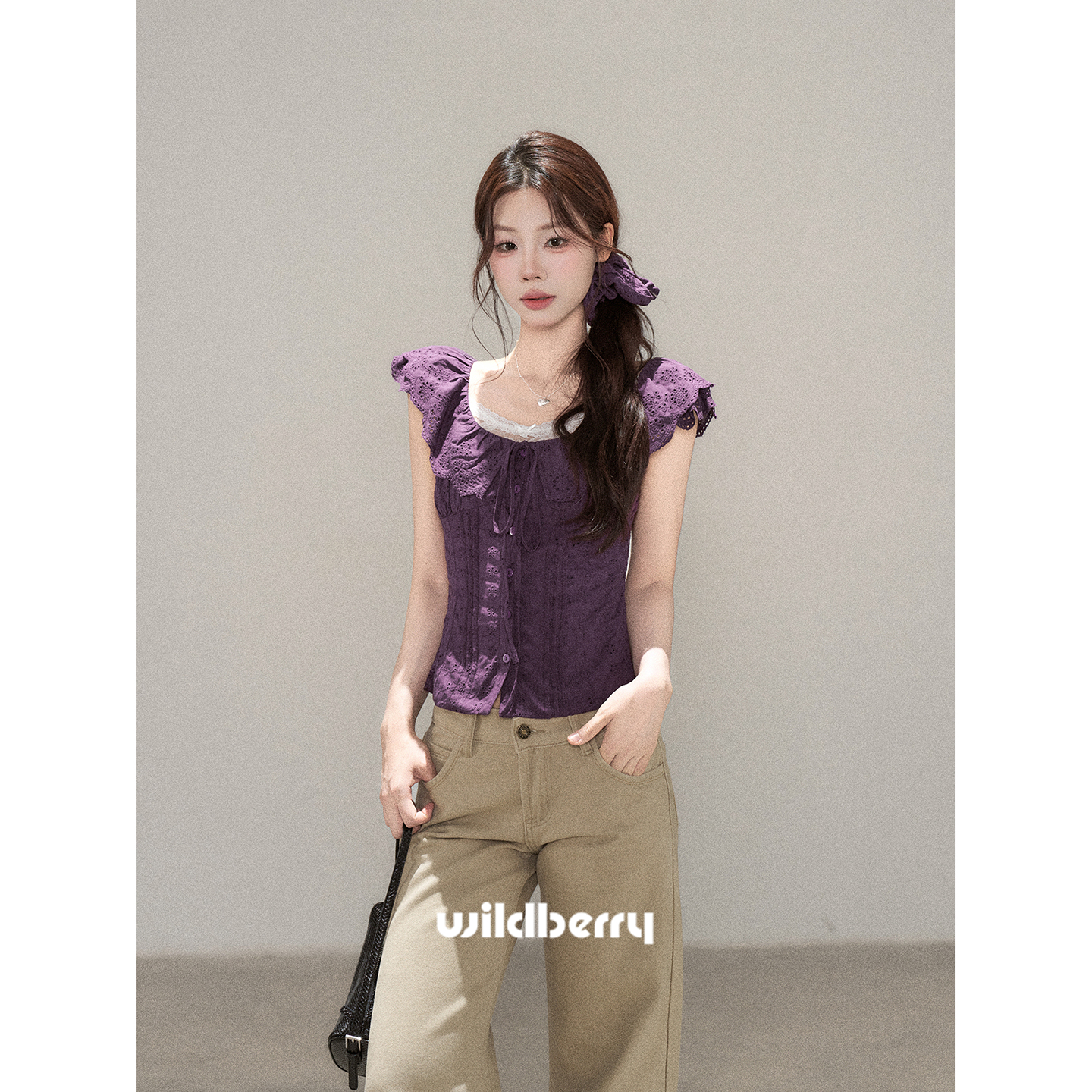 小野莓【鸢花影】4月9日夏季新品百搭修身显瘦紫色上衣BC912768