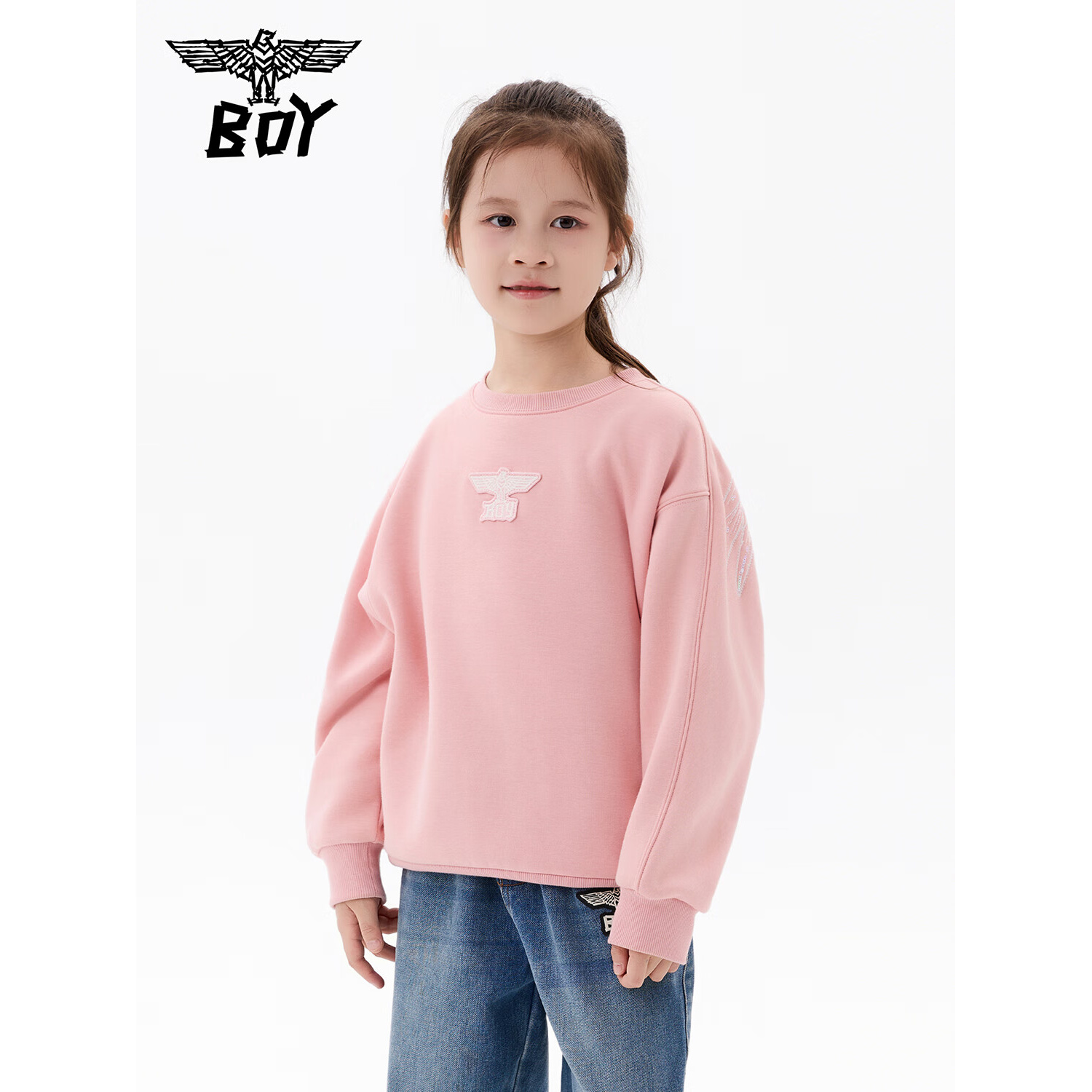 BOY JUNIOR女童针织套头圆领卫衣时尚百搭长袖秋装上衣 粉色 150