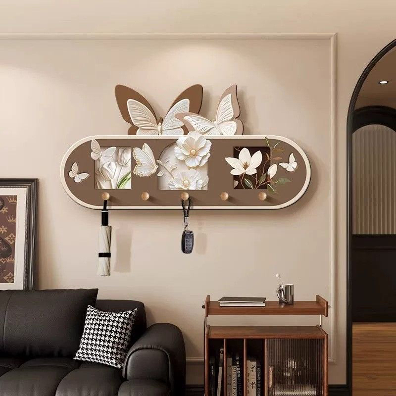 中式复古壁画洞洞板收纳挂衣架风玄关装饰画客厅收纳一体