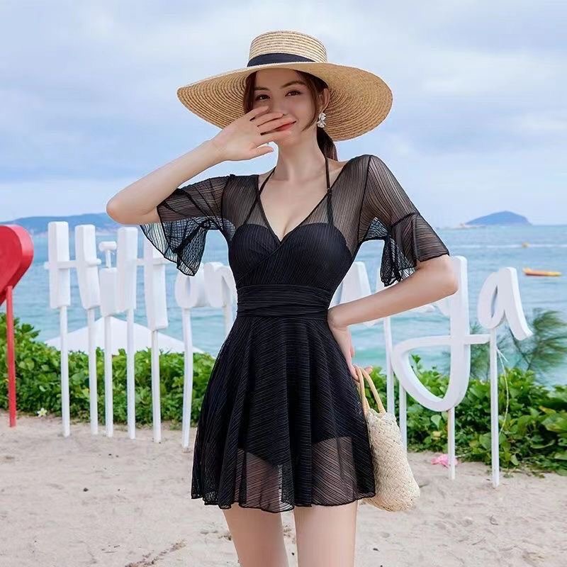 连体 泳衣女仙女范连体温泉游泳衣蕾丝遮肚显瘦裙式泳衣