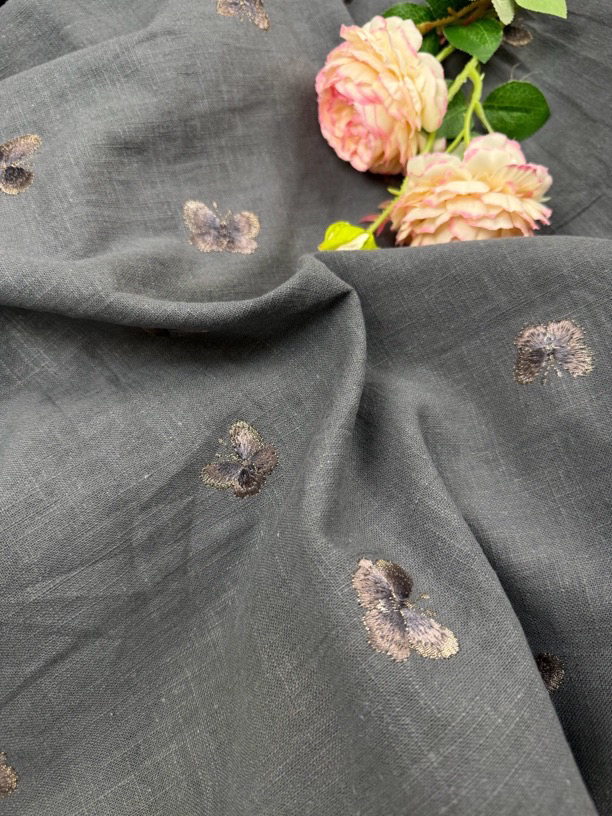 2025新款暗金小蝴蝶刺绣亚麻棉高品质服装裤裙面料