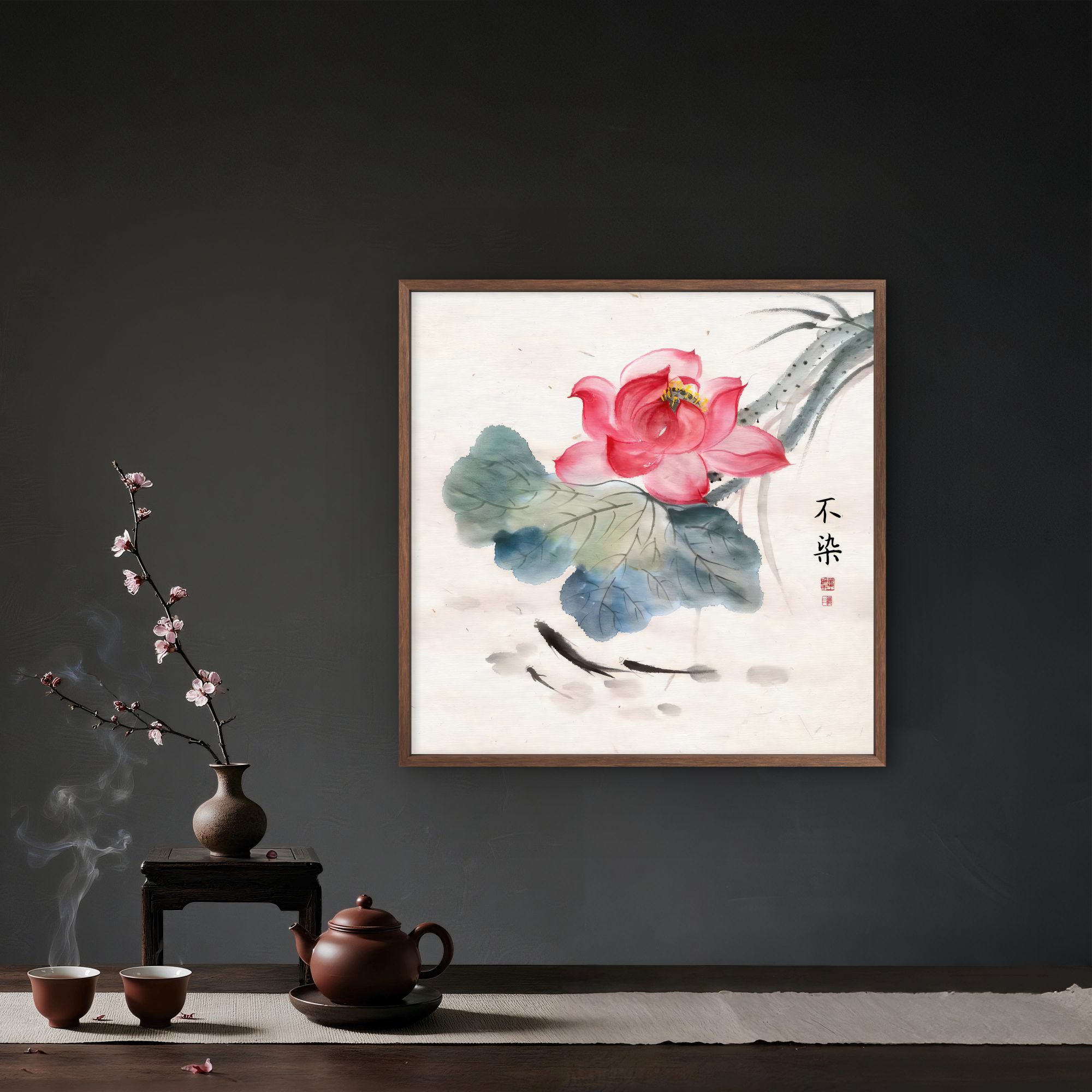 9714-50*50不染荷花中式装饰画木框玄关书房茶室客厅挂画