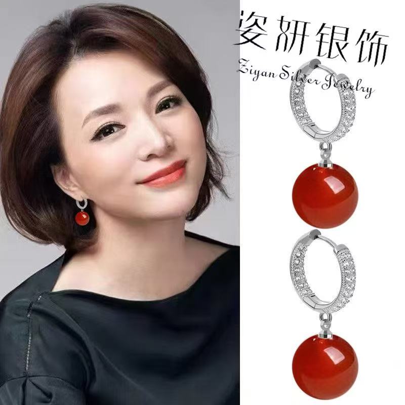 足银耳饰 新款爆款轻奢红色银饰耳环气质百搭高级感防过敏耳坠女