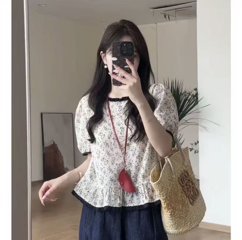 【全额运费补贴】小资小上衣巨好看的宽松小衫气质碎花短袖衬衫7712