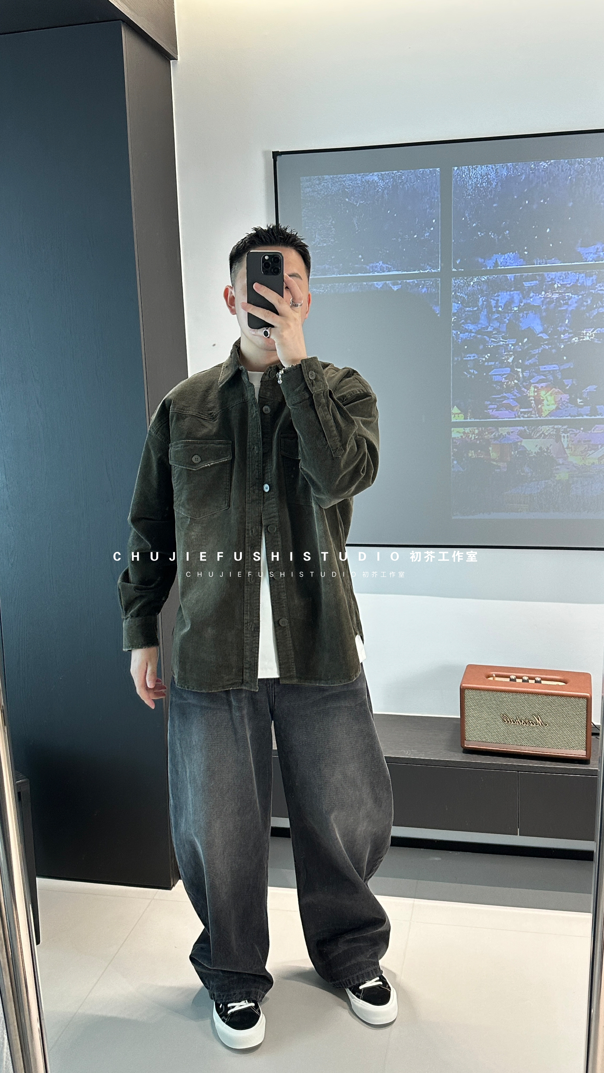 CHUJIE复古宽松多口袋灯芯绒男士工装衬衫秋冬休闲外套