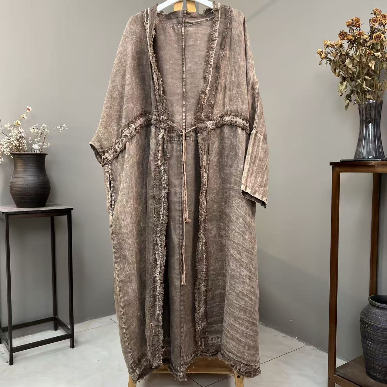 （玄逸）秋季风衣长袍外披重工毛边亚麻0075（衣长125胸围140）