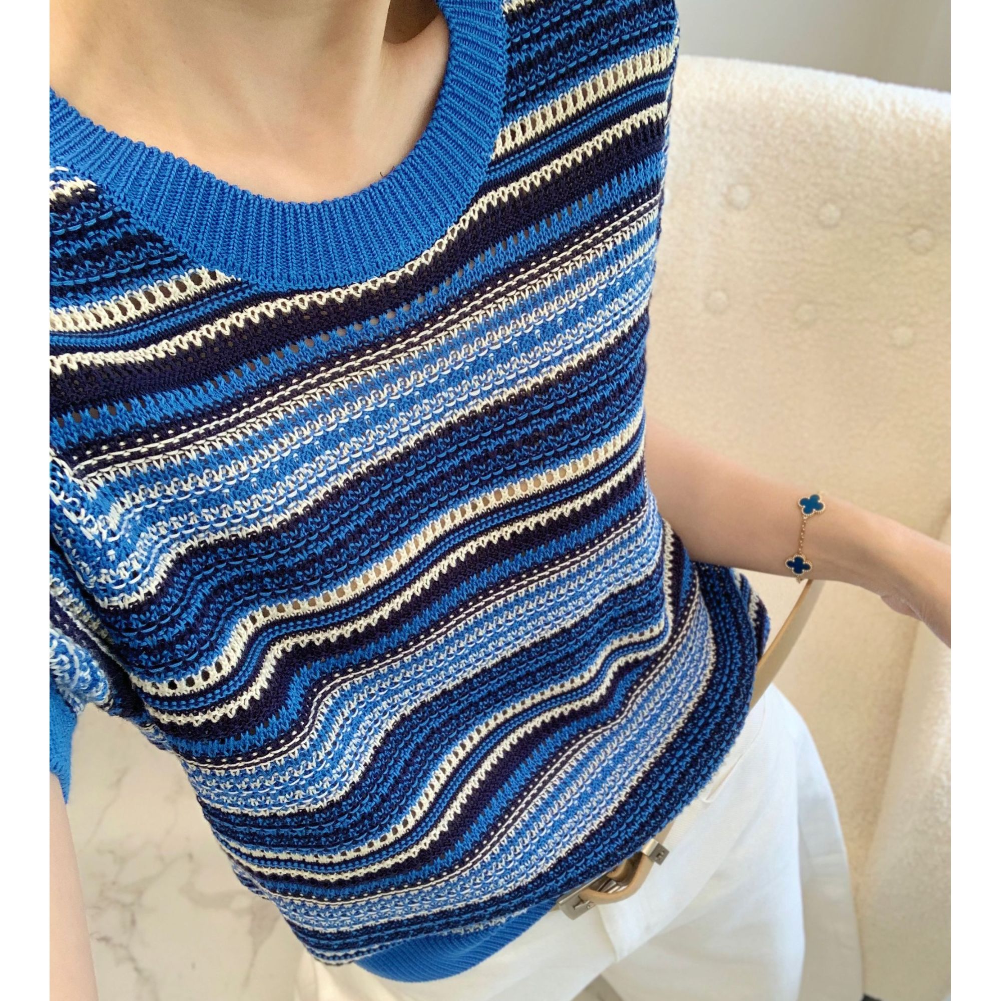 深海蓝~高品 条纹短袖女时尚洋气休闲显瘦针织衫B957#