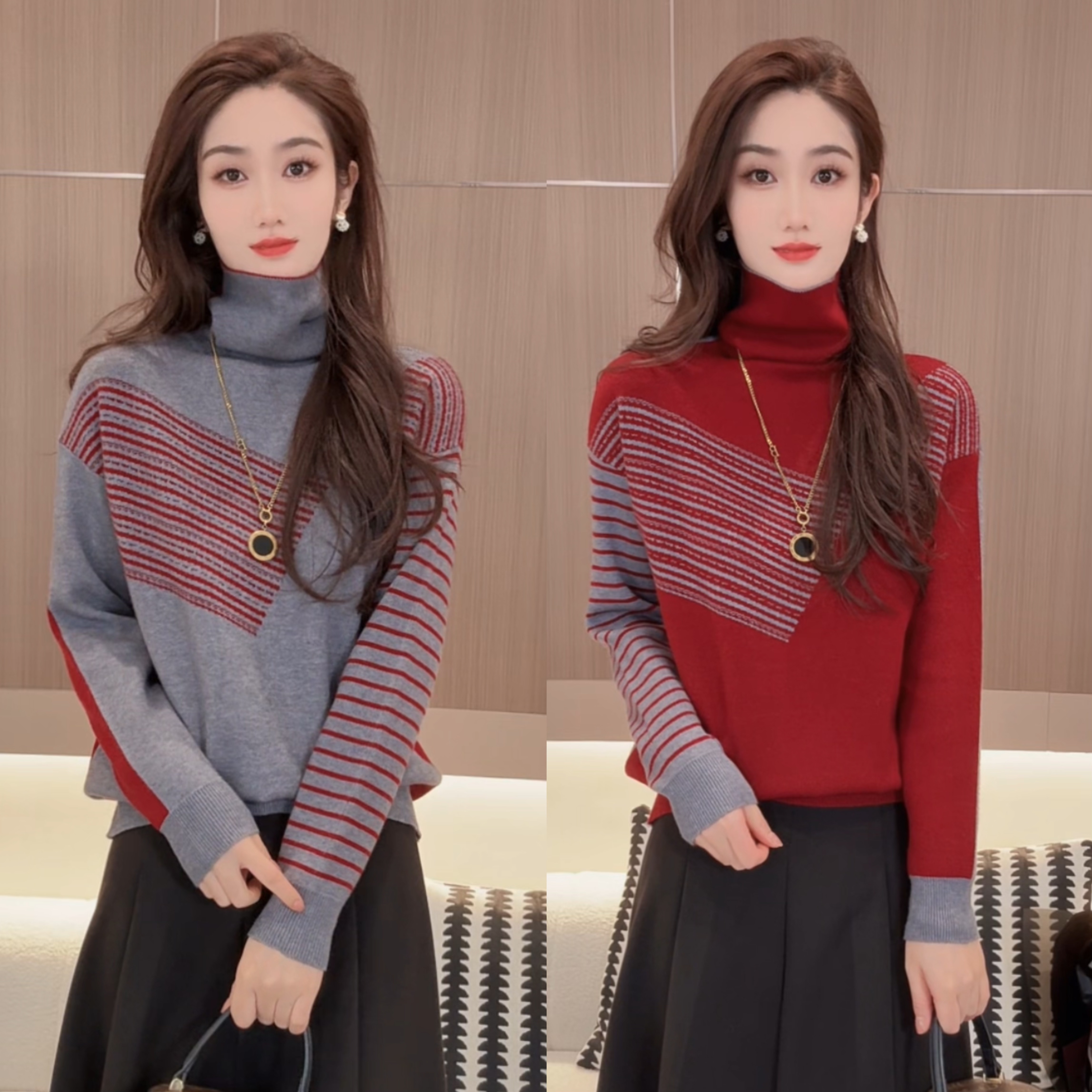 【迪好优选】1616 【双面双穿】2025年冬季新款长袖堆堆领毛衫女时尚