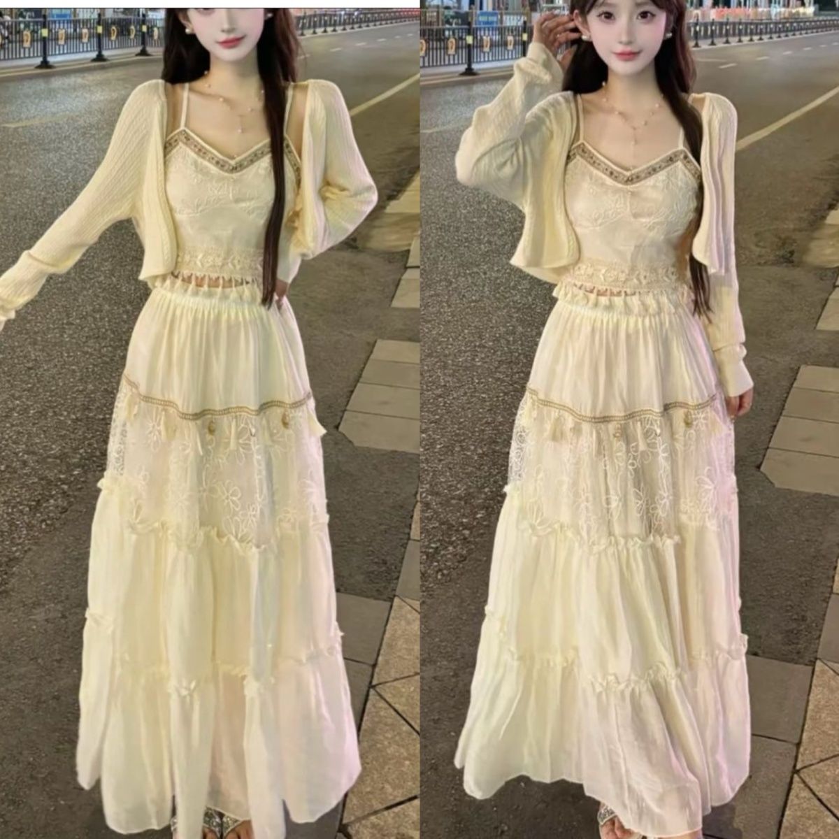 波西米亚民族风复古吊带重工流苏抹胸半裙上衣套装开衫蕾丝半身裙