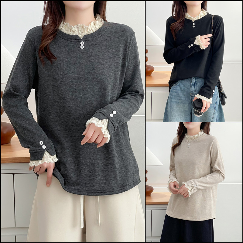 大码女装胖mm显瘦蕾丝边加绒打底衫冬百搭宽松慕斯绒保暖上衣T恤