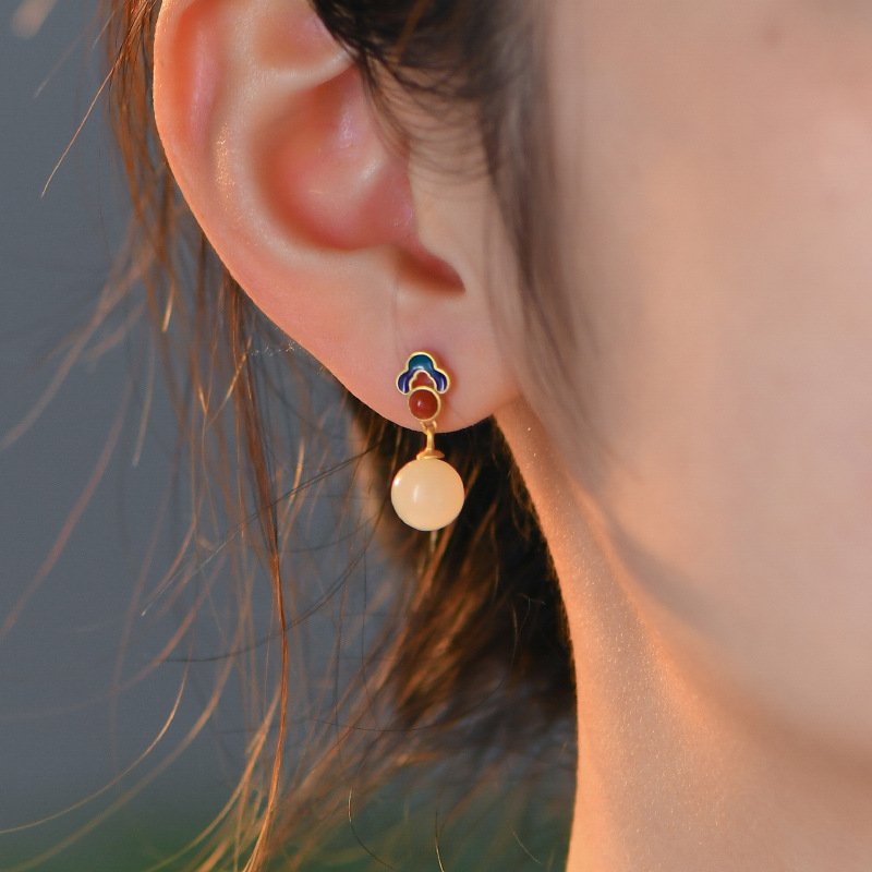 和田玉坠祥云耳饰复古民族宫廷风烧蓝圆珠耳饰女古风国风