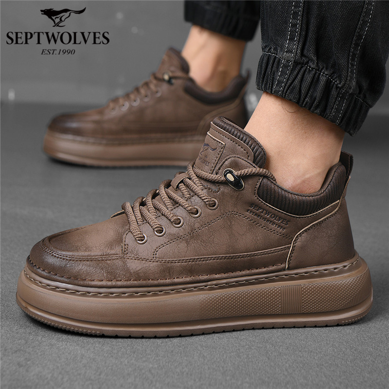 七匹狼男鞋秋冬季复古干净痞帅工装潮鞋男士中帮厚底增高休闲板鞋