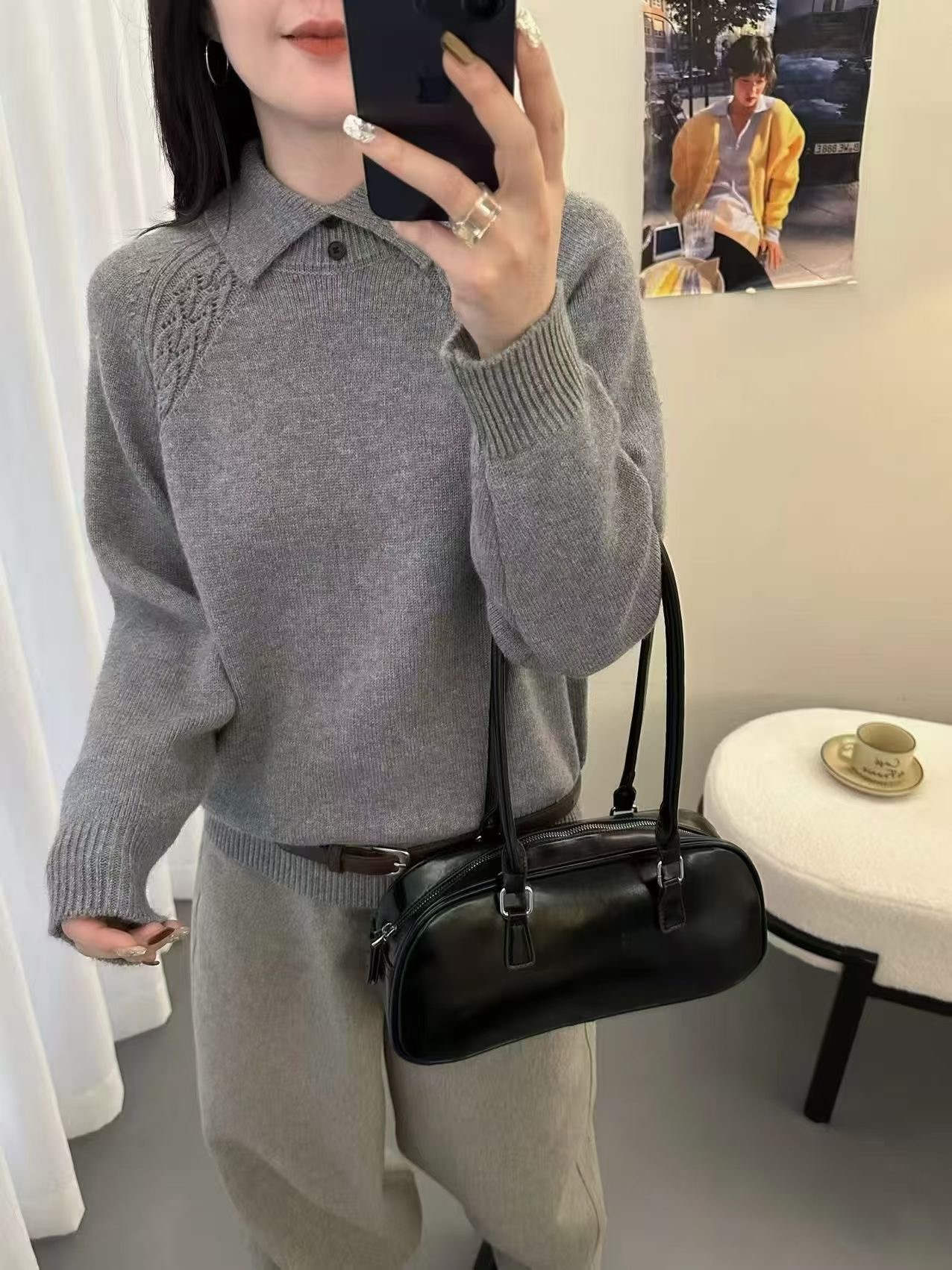 浣熊绒复古翻领厚款宽松韩版百搭显瘦长袖针织衫秋冬季圆领毛衣女