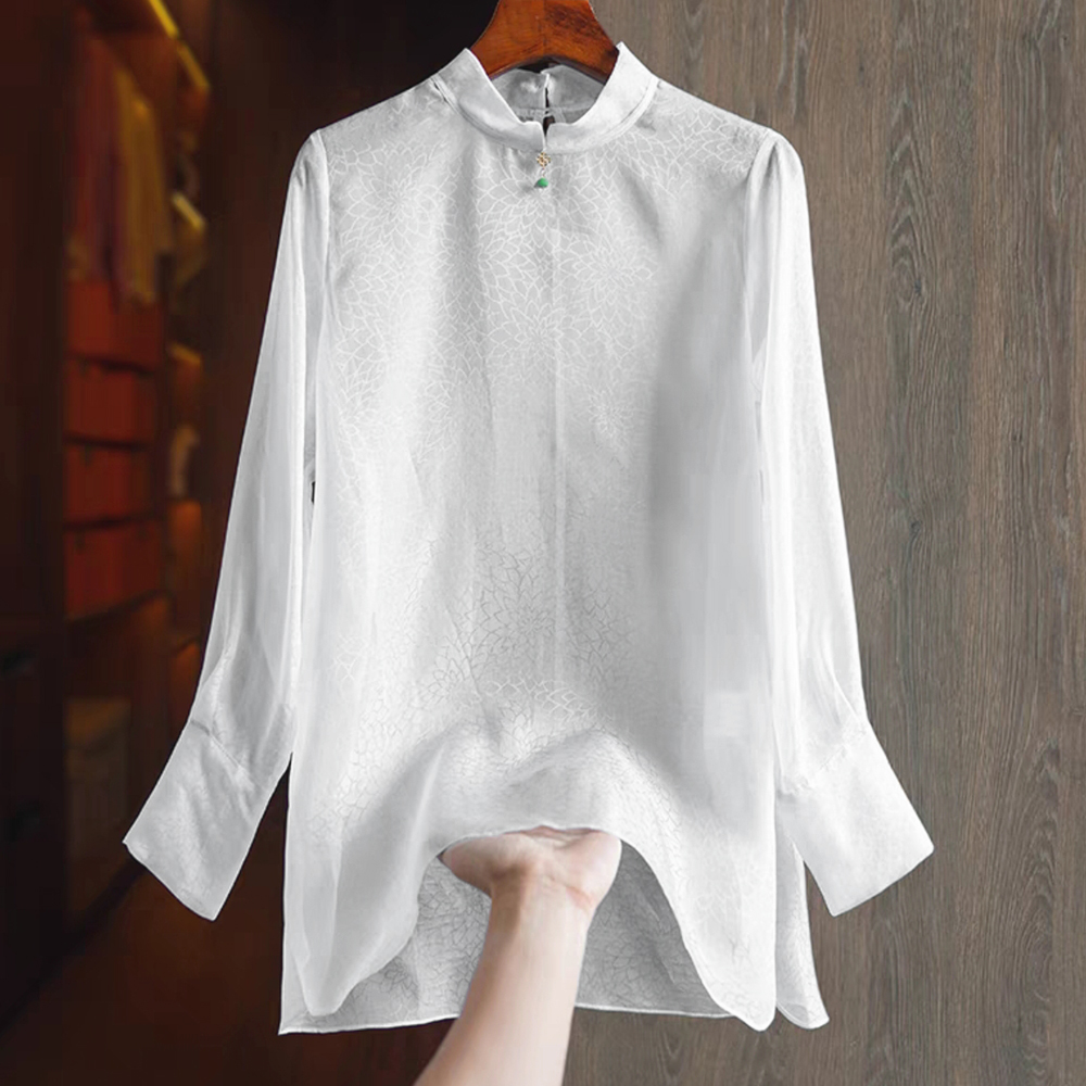 100桑蚕丝真丝欧根缎百搭透视元宝圆领桑蚕丝长袖衬衣ZKC12白色