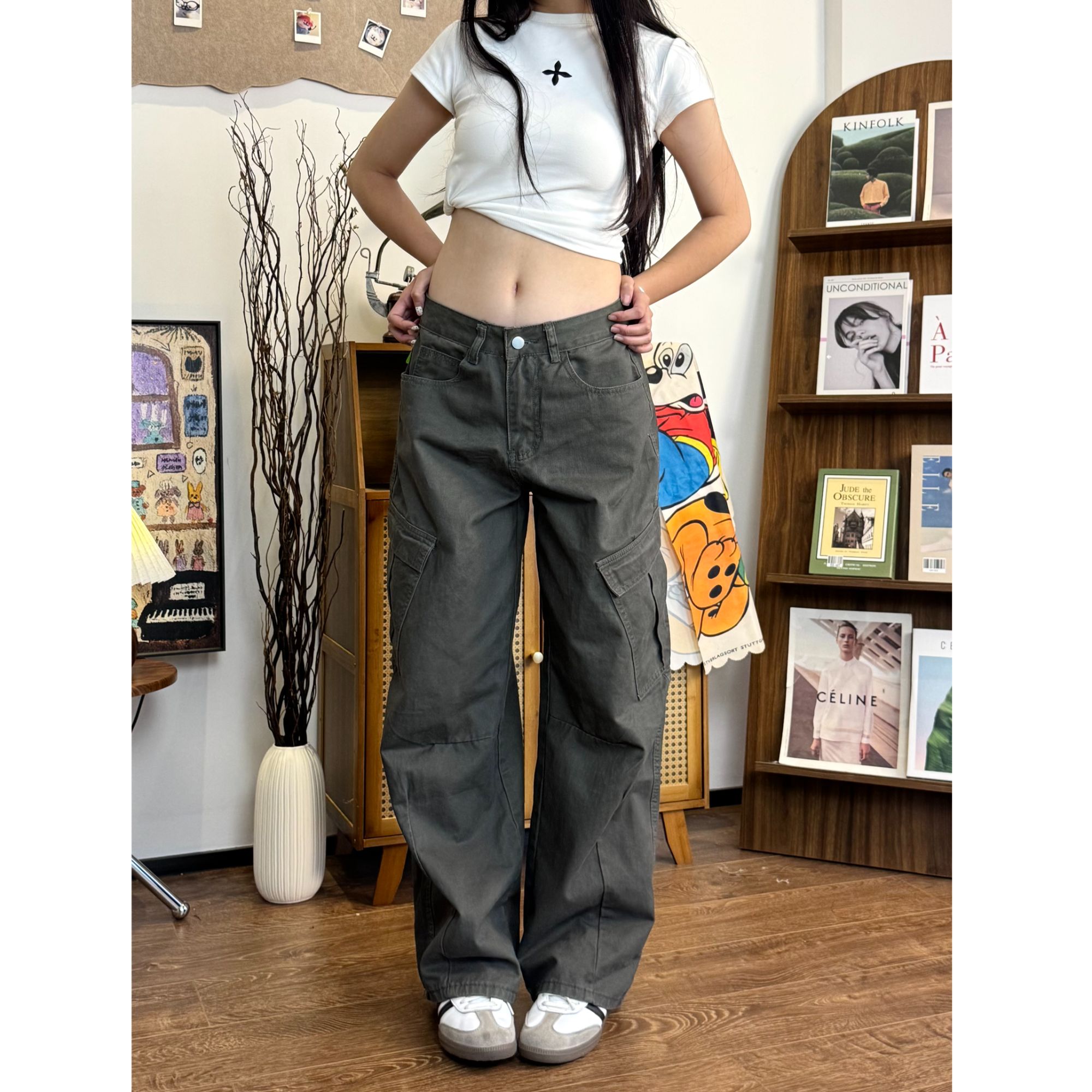 美式复古多口袋工装裤直筒宽松百搭休闲长裤男女显瘦高腰