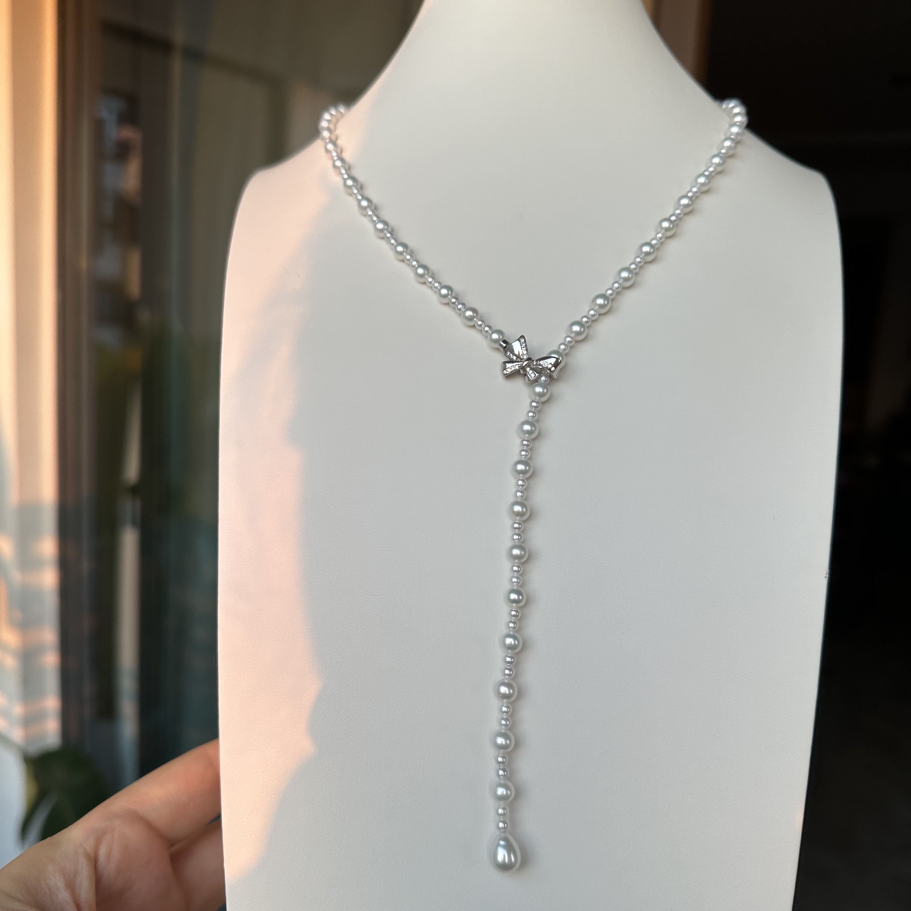 淡水珍珠项链 y字链 大小珠相间 冷白光  点位3-6mm 长60cm不含扣