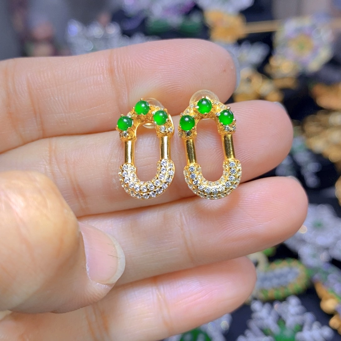 翡翠耳钉银S925镶嵌天然翡翠