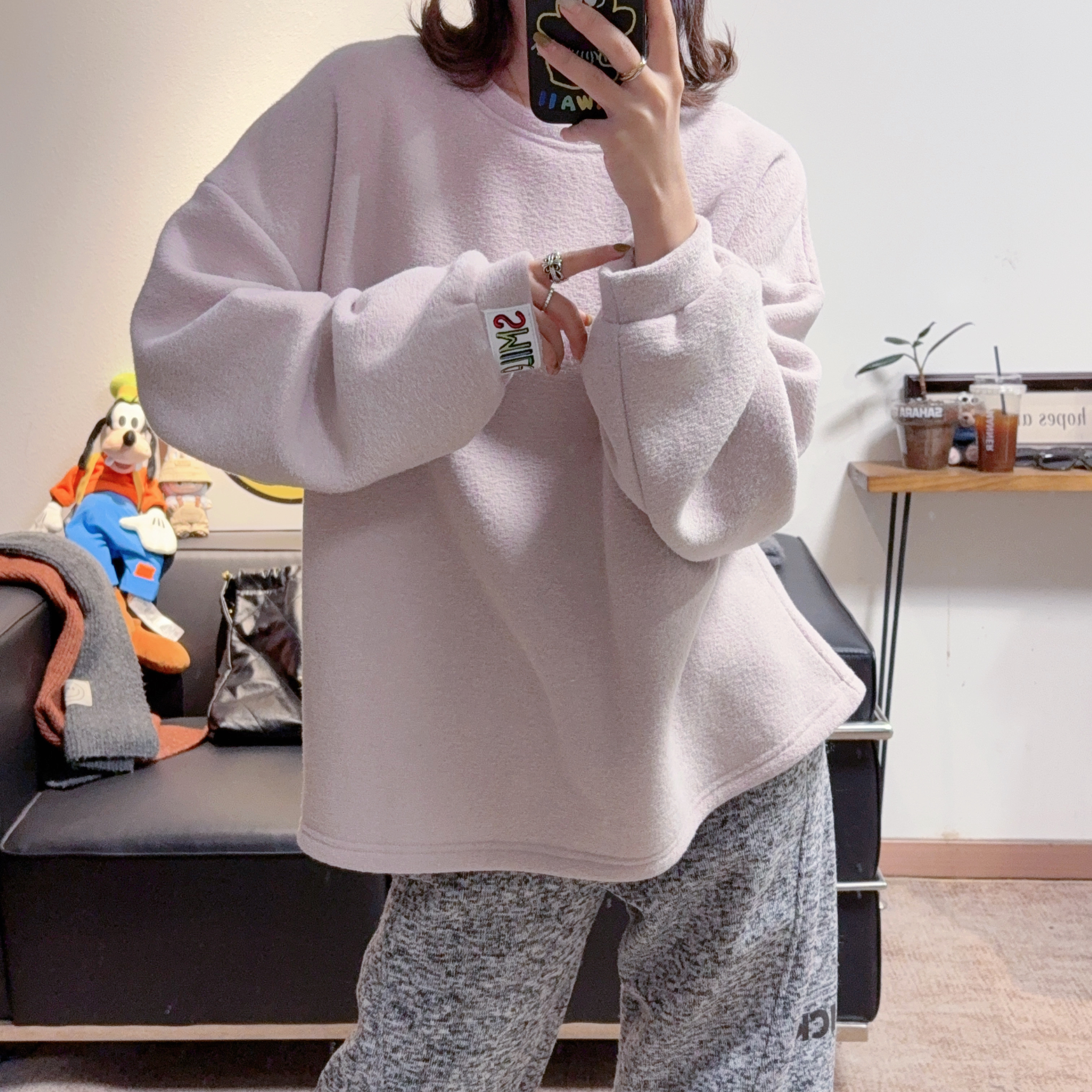 冬季新款高级感浅粉色净版毛巾棉一体加绒圆领打底T恤女宽松显瘦