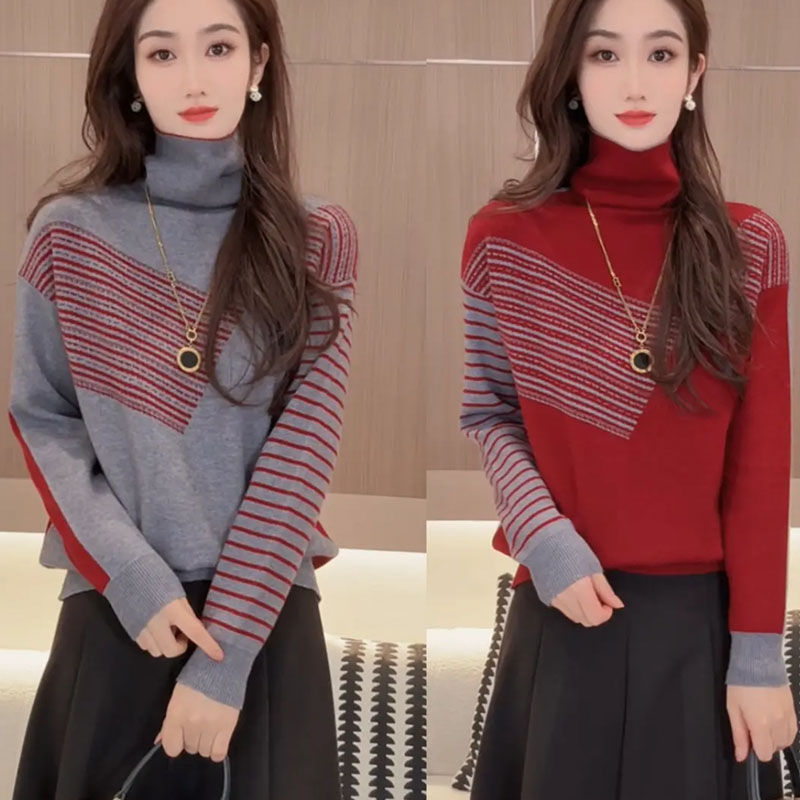 【堆堆领两面穿--灰红色】2025秋冬加厚新款针织上衣女洋气百搭