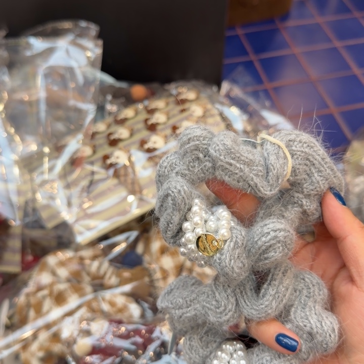 布艺非金属新款灰珍珠毛线发圈