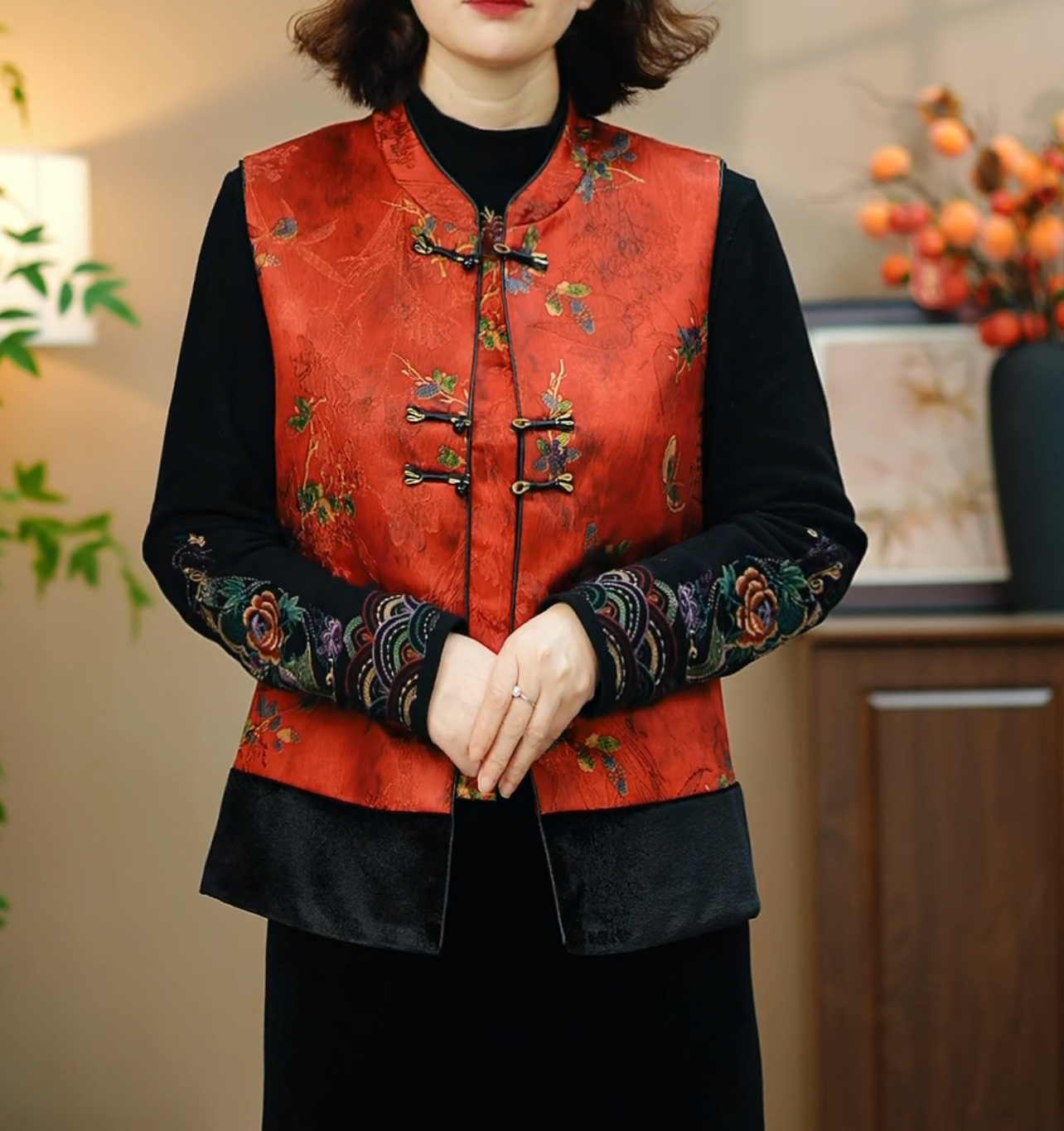 女装提花立领马夹秋冬中国风挂脖款扎染短款拼接776