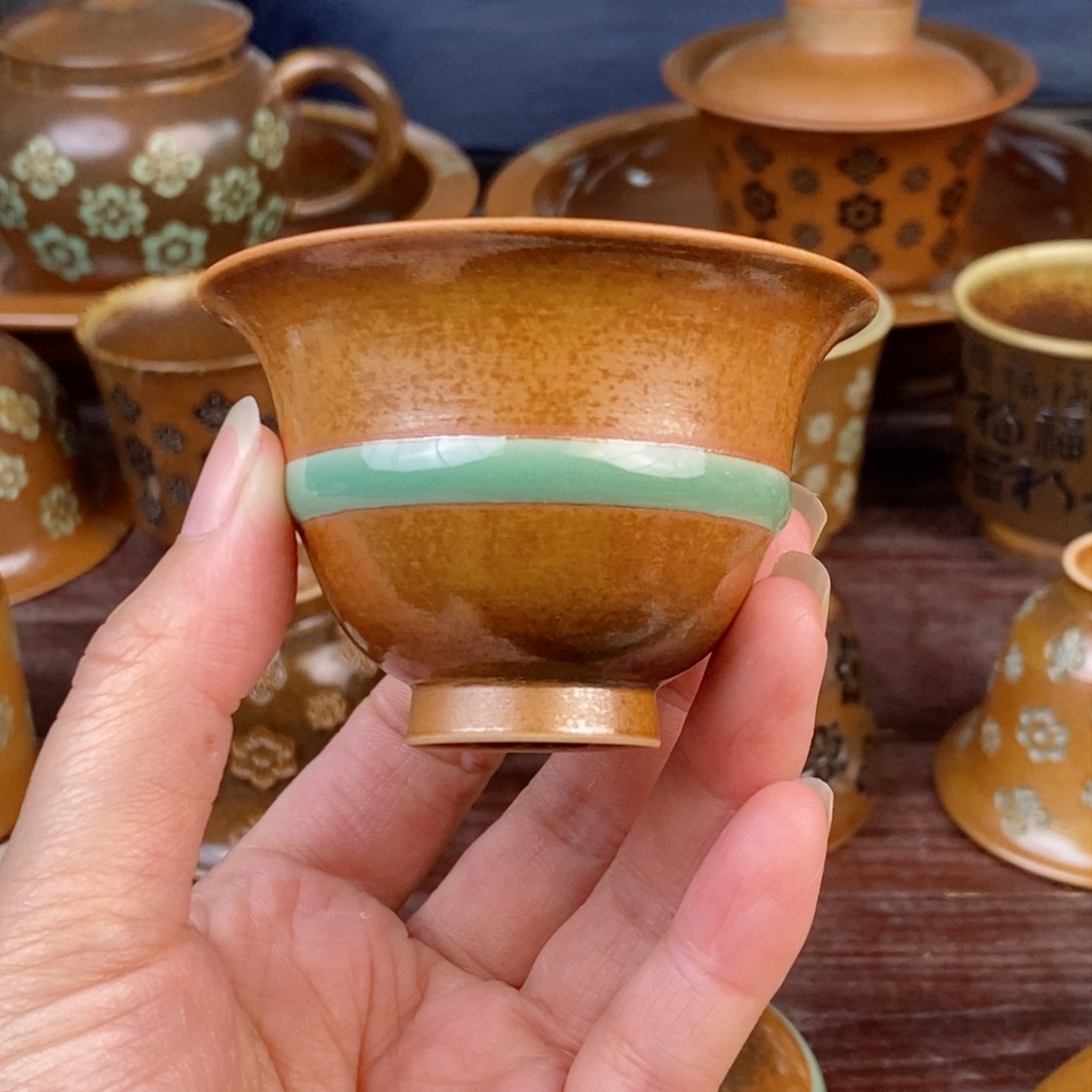 朱砂胎草木灰玉带缠腰铃铛杯 不开片