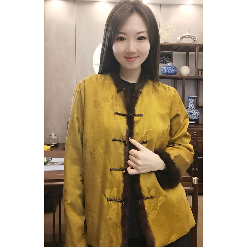 【国潮美学】冬装复古保暖提花盘扣棉服新中式貂毛拼接外套夹棉6800